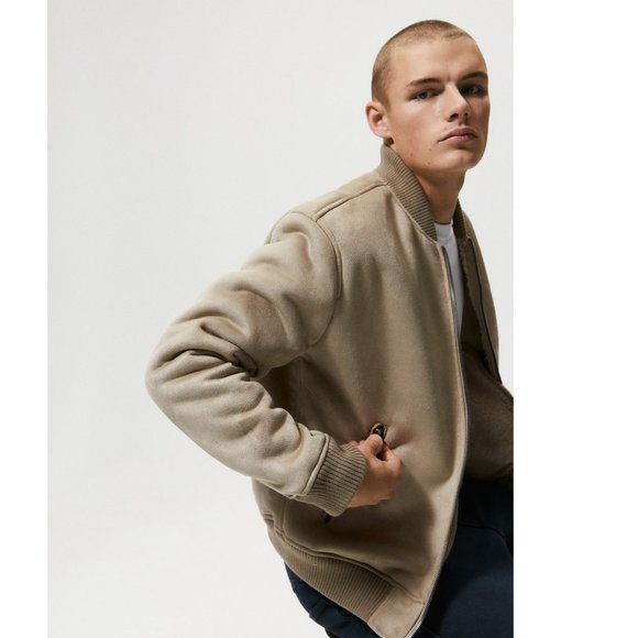 Zara Men's Faux Suede Bomber Jacket Beige Sz XS - Picture 4 of 11